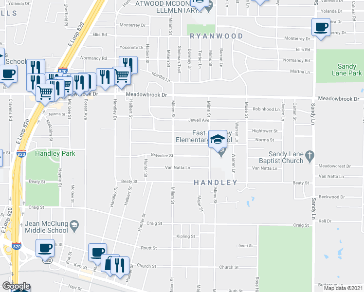 map of restaurants, bars, coffee shops, grocery stores, and more near 6908 Norma Street in Fort Worth