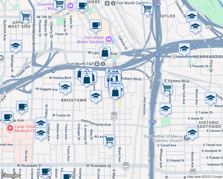 map of restaurants, bars, coffee shops, grocery stores, and more near 200 South Main Street in Fort Worth