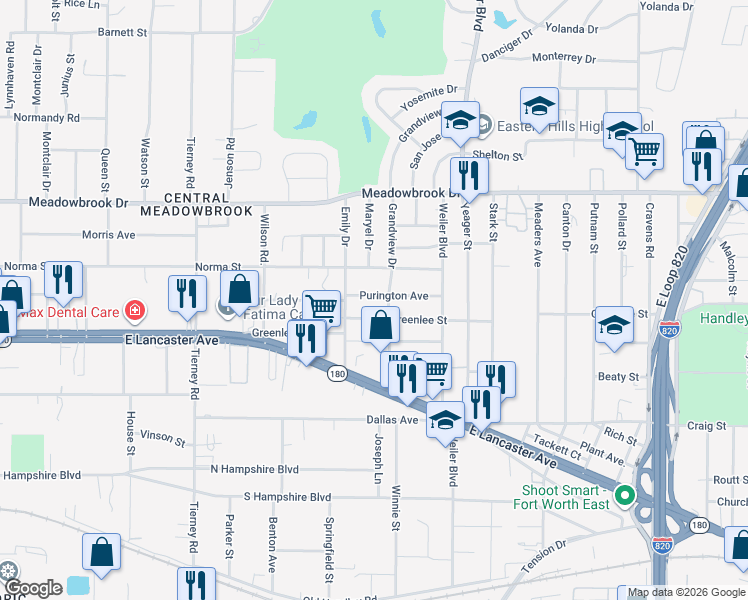 map of restaurants, bars, coffee shops, grocery stores, and more near 5428 Purington Avenue in Fort Worth