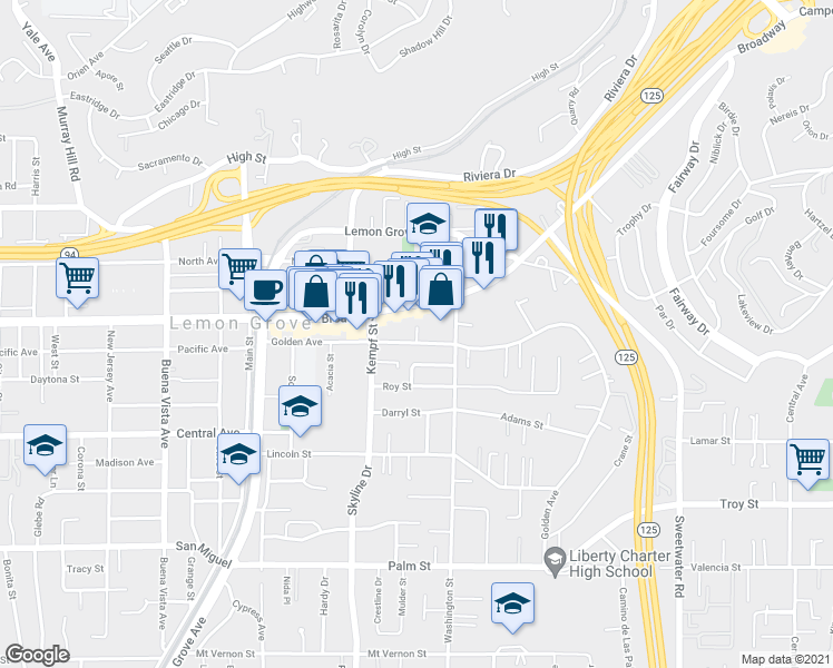 map of restaurants, bars, coffee shops, grocery stores, and more near 8116 Golden Avenue in Lemon Grove
