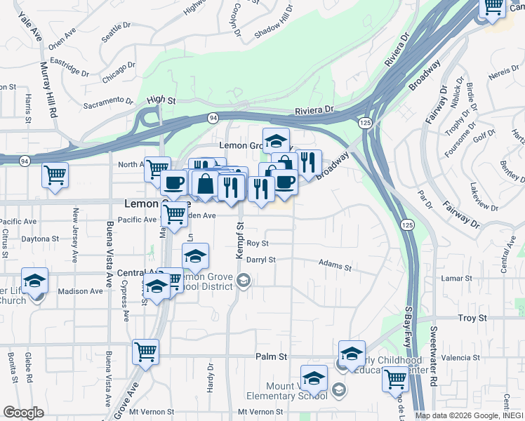 map of restaurants, bars, coffee shops, grocery stores, and more near 8064 Golden Avenue in Lemon Grove