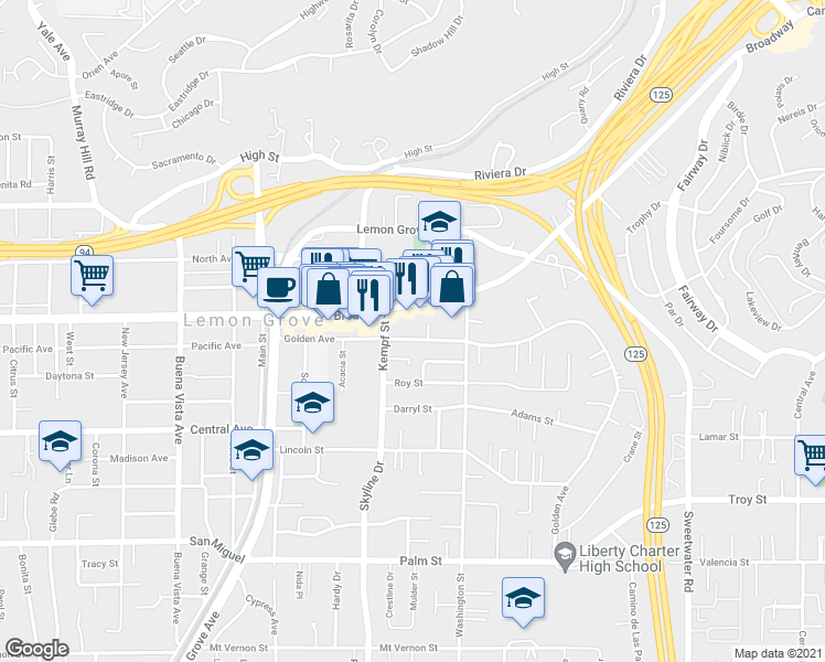 map of restaurants, bars, coffee shops, grocery stores, and more near 8064 Golden Avenue in Lemon Grove
