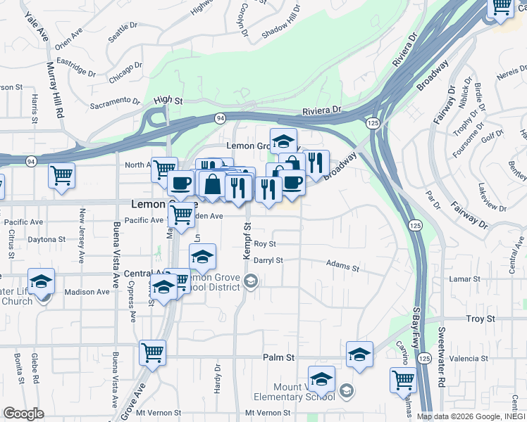 map of restaurants, bars, coffee shops, grocery stores, and more near 8064 Golden Avenue in Lemon Grove