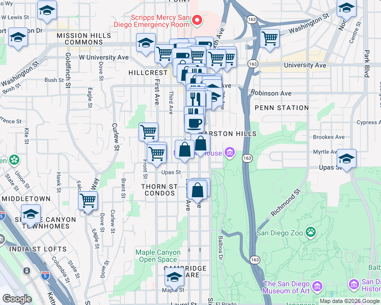 map of restaurants, bars, coffee shops, grocery stores, and more near 3534 Fifth Avenue in San Diego