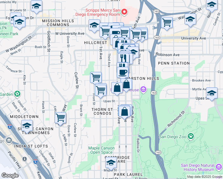 map of restaurants, bars, coffee shops, grocery stores, and more near 3520 Fourth Avenue in San Diego