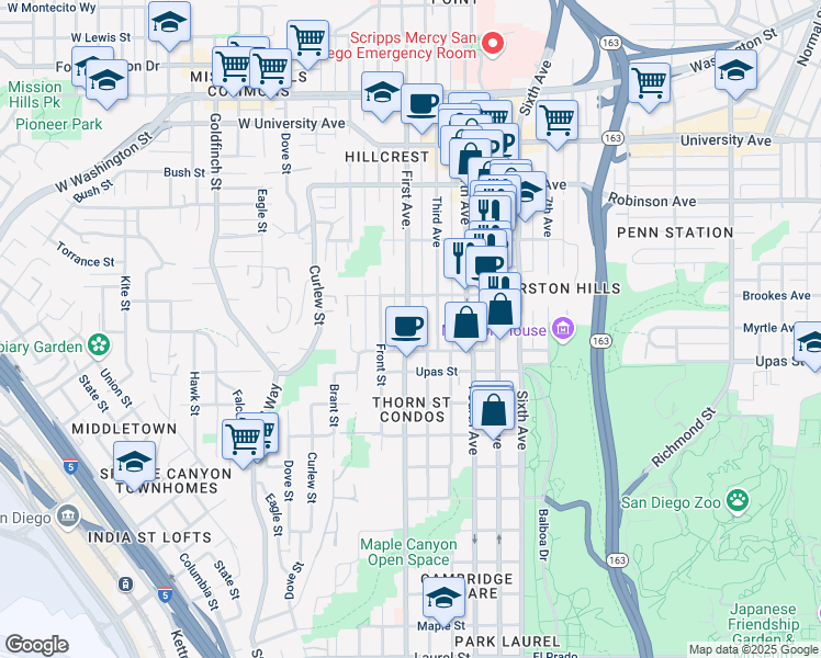 map of restaurants, bars, coffee shops, grocery stores, and more near 3531 1st Avenue in San Diego