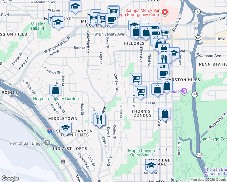map of restaurants, bars, coffee shops, grocery stores, and more near 3528 Curlew Street in San Diego