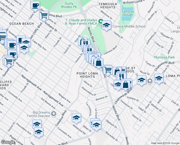 map of restaurants, bars, coffee shops, grocery stores, and more near in San Diego