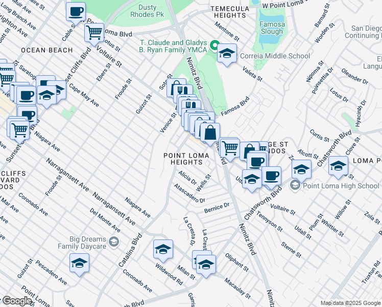 map of restaurants, bars, coffee shops, grocery stores, and more near 4154 Tennyson Street in San Diego
