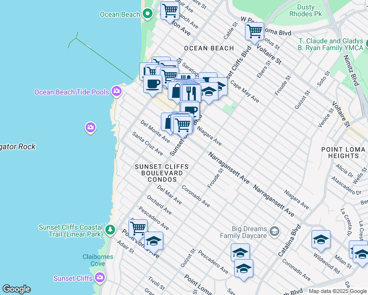 map of restaurants, bars, coffee shops, grocery stores, and more near 4760 Del Monte Avenue in San Diego