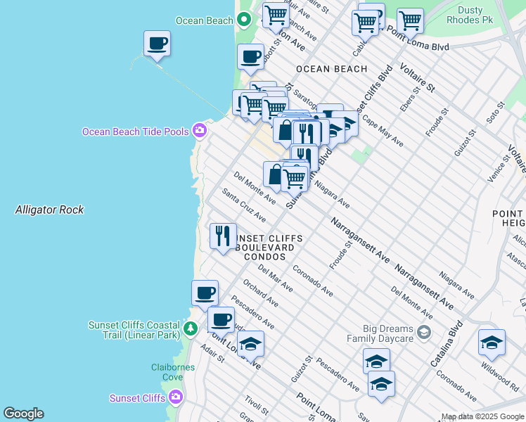 map of restaurants, bars, coffee shops, grocery stores, and more near 4817 Del Monte Avenue in San Diego