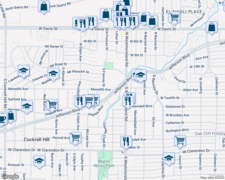 map of restaurants, bars, coffee shops, grocery stores, and more near 3411 West Jefferson Boulevard in Dallas