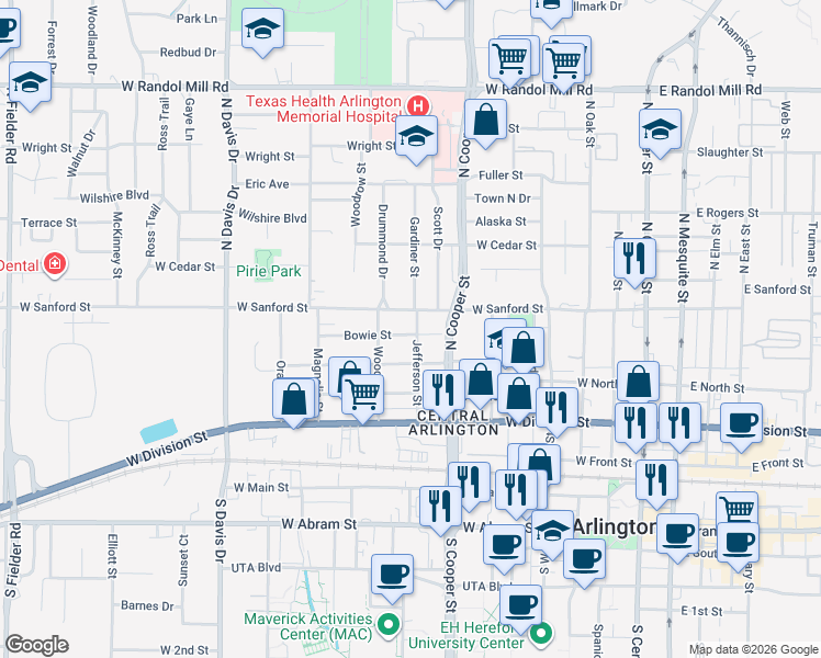 map of restaurants, bars, coffee shops, grocery stores, and more near 600 Jefferson Street in Arlington