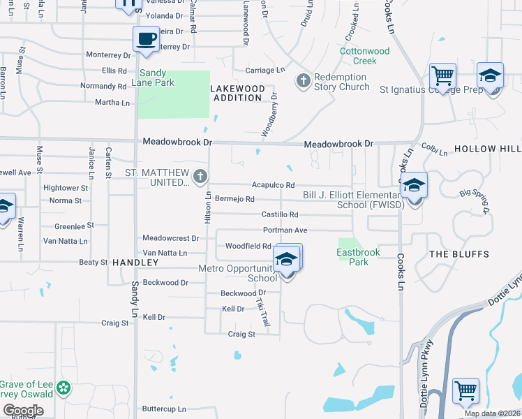 map of restaurants, bars, coffee shops, grocery stores, and more near 7621 Castillo Road in Fort Worth