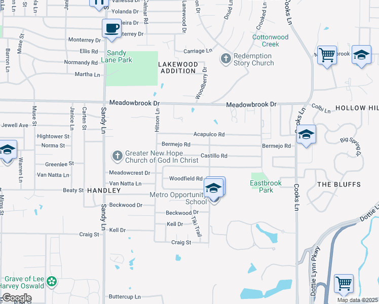 map of restaurants, bars, coffee shops, grocery stores, and more near 7621 Castillo Road in Fort Worth
