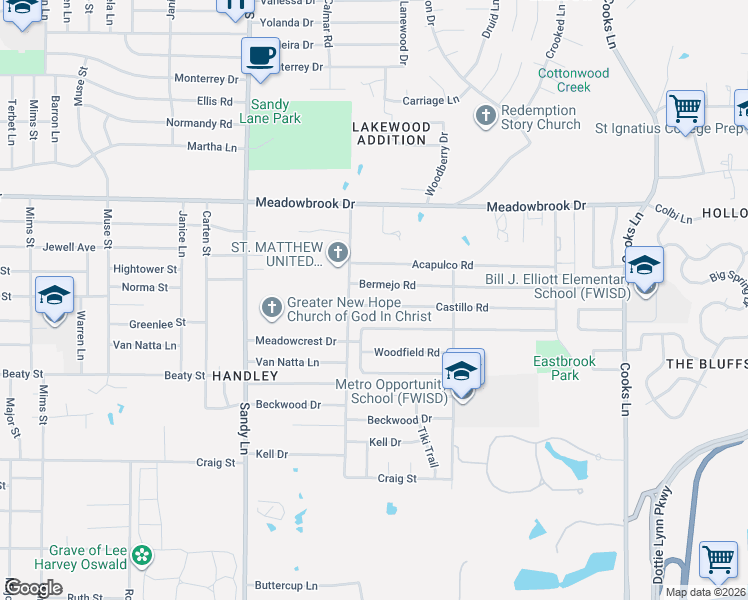 map of restaurants, bars, coffee shops, grocery stores, and more near 7504 Castillo Road in Fort Worth