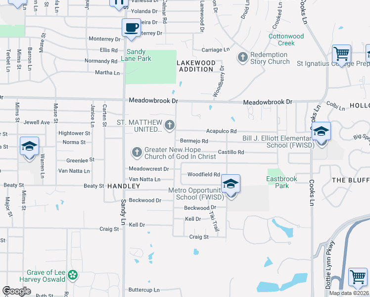 map of restaurants, bars, coffee shops, grocery stores, and more near 7504 Castillo Road in Fort Worth