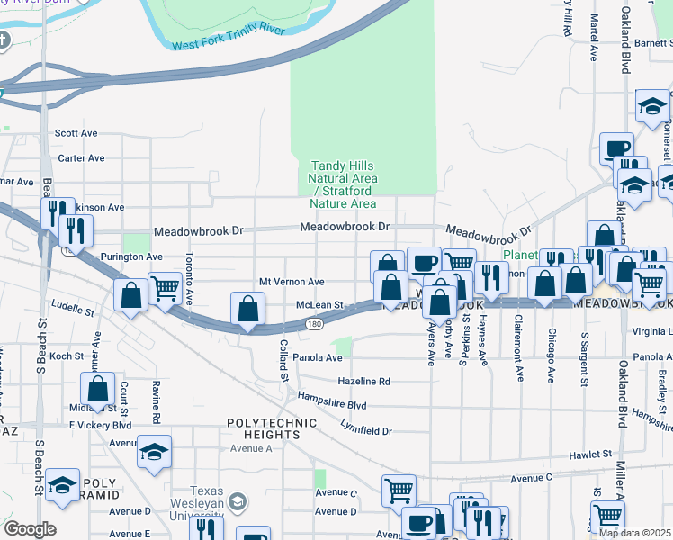 map of restaurants, bars, coffee shops, grocery stores, and more near 3430 Mount Vernon Avenue in Fort Worth