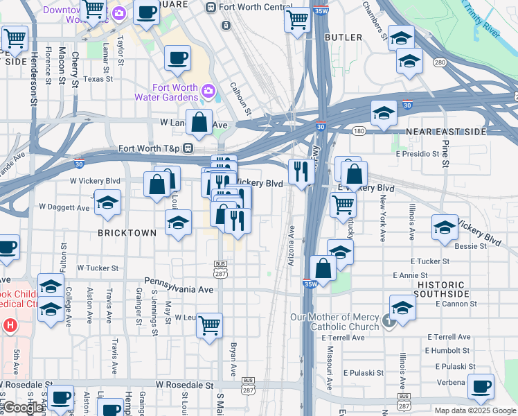map of restaurants, bars, coffee shops, grocery stores, and more near 321 East Broadway Avenue in Fort Worth