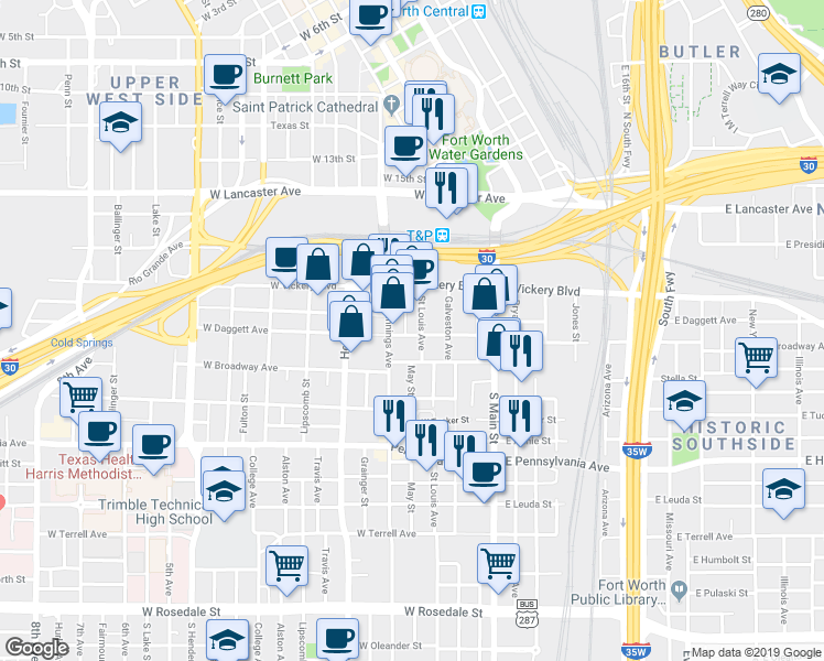 map of restaurants, bars, coffee shops, grocery stores, and more near 406 West Daggett Avenue in Fort Worth