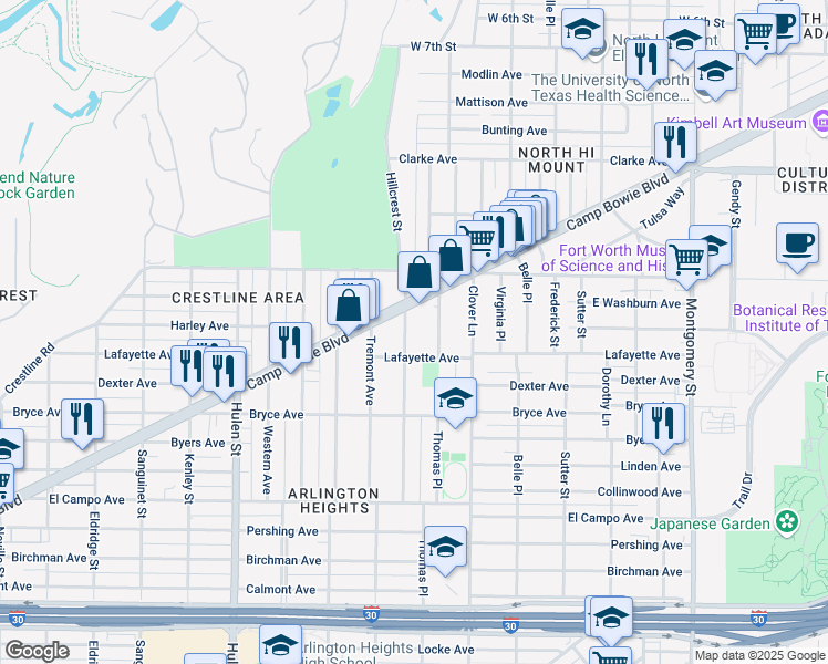 map of restaurants, bars, coffee shops, grocery stores, and more near 1828 Hillcrest Street in Fort Worth