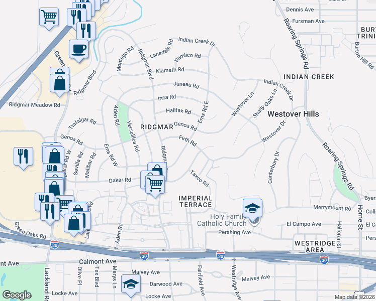 map of restaurants, bars, coffee shops, grocery stores, and more near 1804 Dakar Road East in Fort Worth