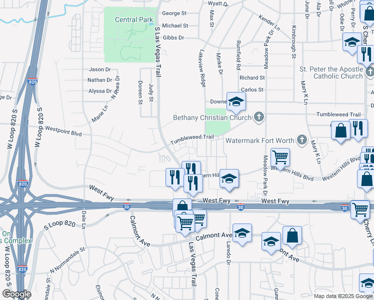 map of restaurants, bars, coffee shops, grocery stores, and more near 8514 Westlake Drive in White Settlement