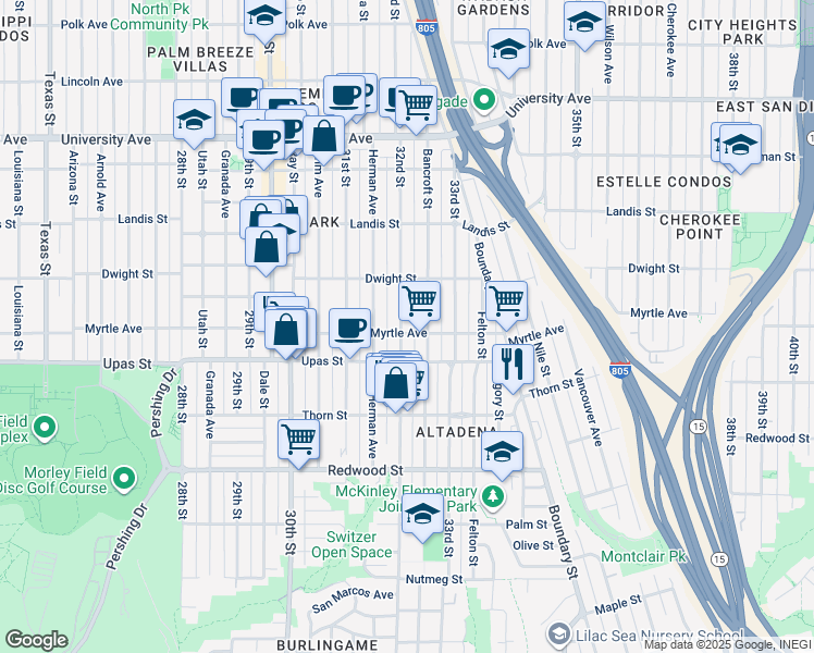 map of restaurants, bars, coffee shops, grocery stores, and more near 3509-11 32nd Street in San Diego