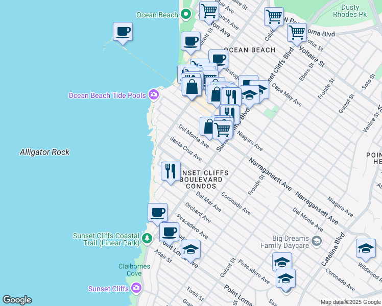 map of restaurants, bars, coffee shops, grocery stores, and more near 4877 Santa Cruz Avenue in San Diego