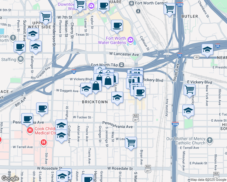 map of restaurants, bars, coffee shops, grocery stores, and more near 406 West Daggett Avenue in Fort Worth