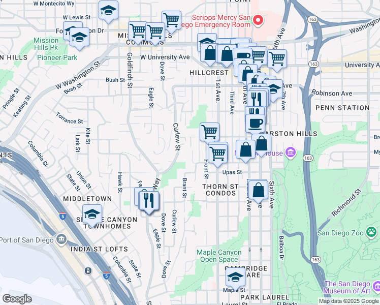map of restaurants, bars, coffee shops, grocery stores, and more near 3536 Albatross Street in San Diego