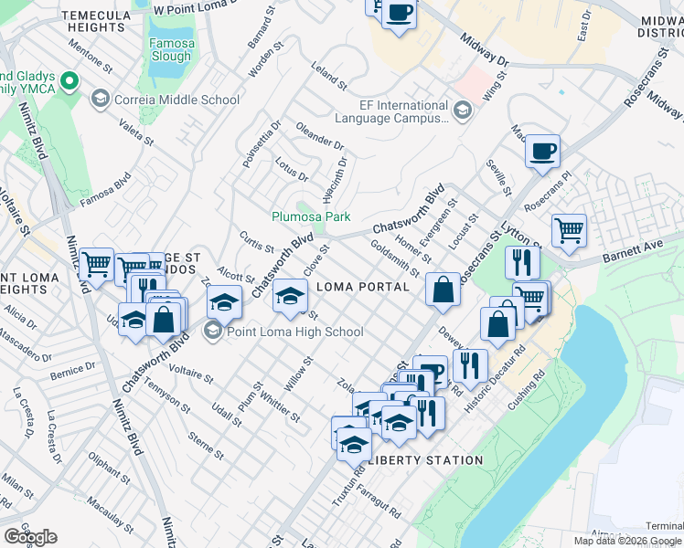 map of restaurants, bars, coffee shops, grocery stores, and more near 3345 Elliott Street in San Diego