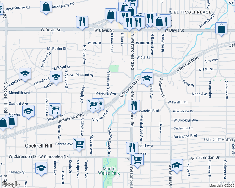 map of restaurants, bars, coffee shops, grocery stores, and more near 3411 West Jefferson Boulevard in Dallas