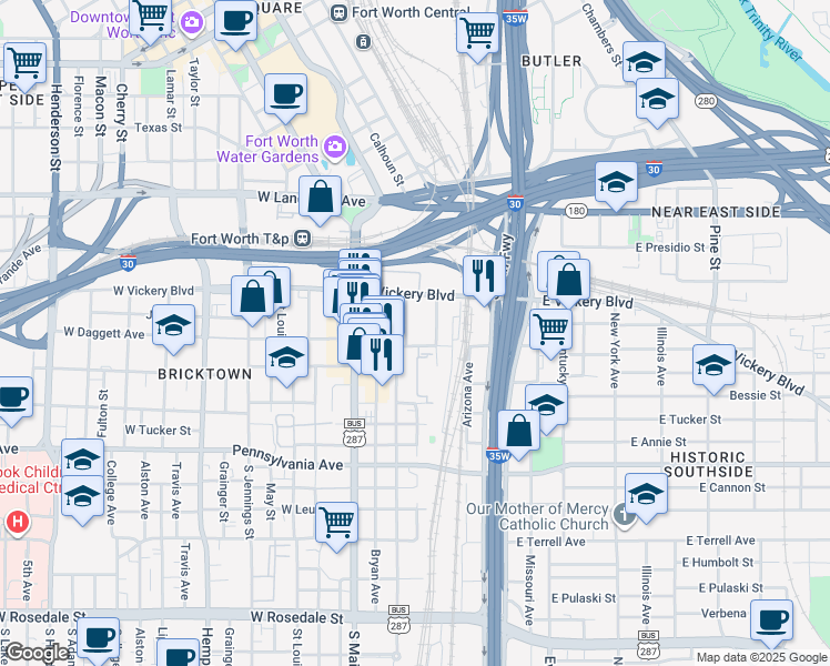 map of restaurants, bars, coffee shops, grocery stores, and more near 201 South Calhoun Street in Fort Worth