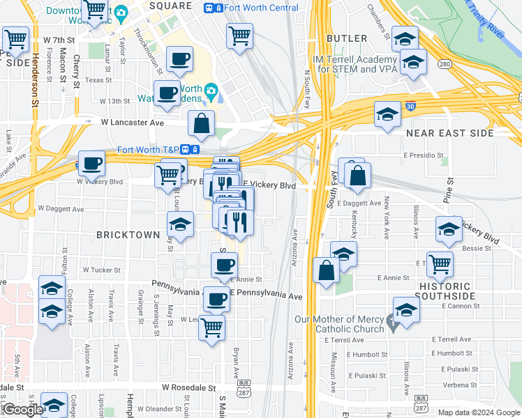 map of restaurants, bars, coffee shops, grocery stores, and more near 321 East Broadway Avenue in Fort Worth