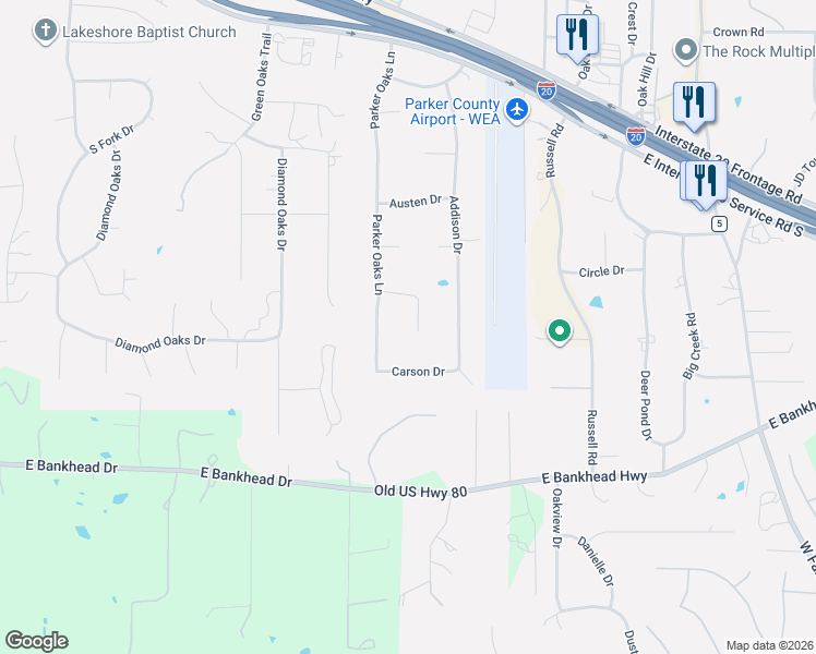map of restaurants, bars, coffee shops, grocery stores, and more near 170 Ethan Drive in Weatherford