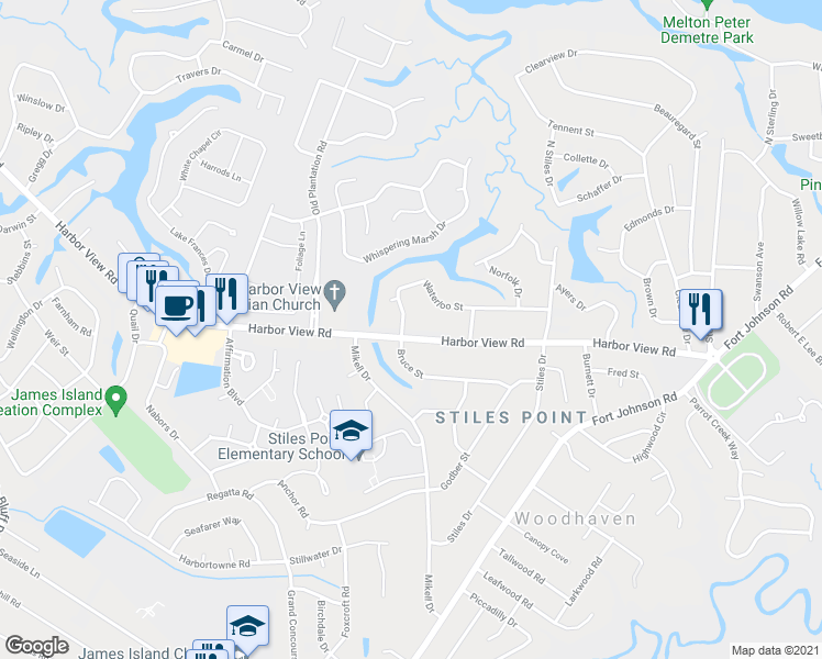 map of restaurants, bars, coffee shops, grocery stores, and more near 853 Waterloo Street in Charleston