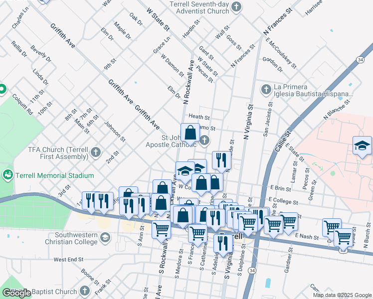 map of restaurants, bars, coffee shops, grocery stores, and more near 642 North Rockwall Street in Terrell