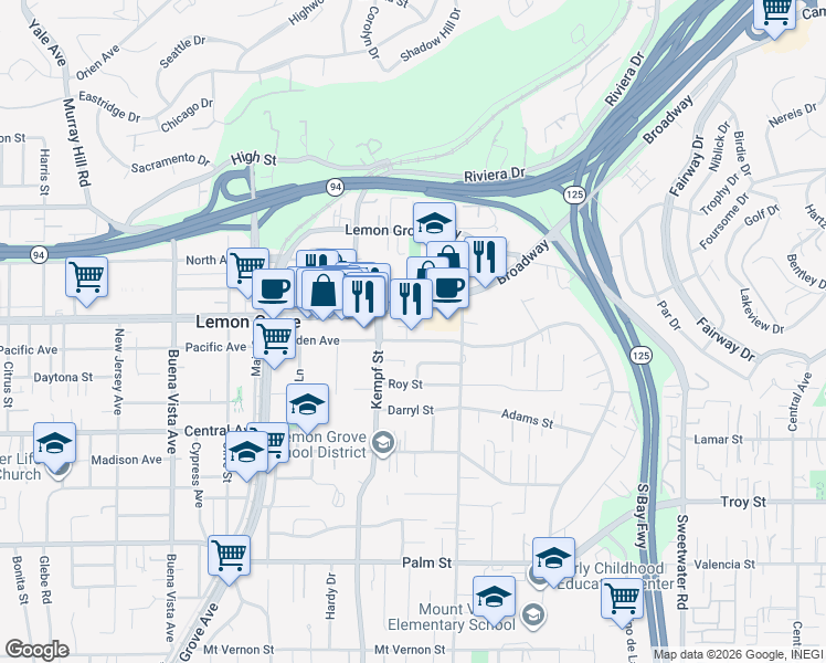 map of restaurants, bars, coffee shops, grocery stores, and more near 8064 Golden Avenue in Lemon Grove