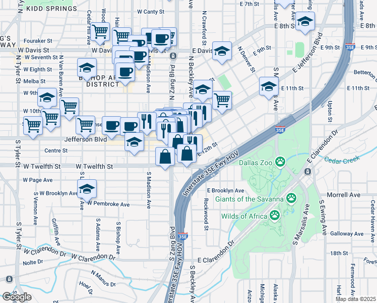 map of restaurants, bars, coffee shops, grocery stores, and more near 409 South Beckley Avenue in Dallas