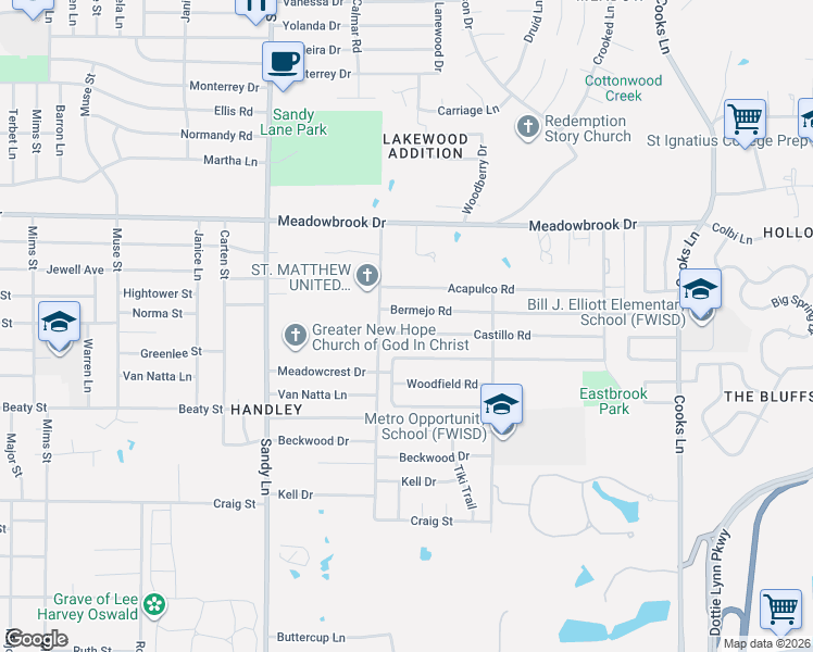 map of restaurants, bars, coffee shops, grocery stores, and more near 7504 Castillo Road in Fort Worth
