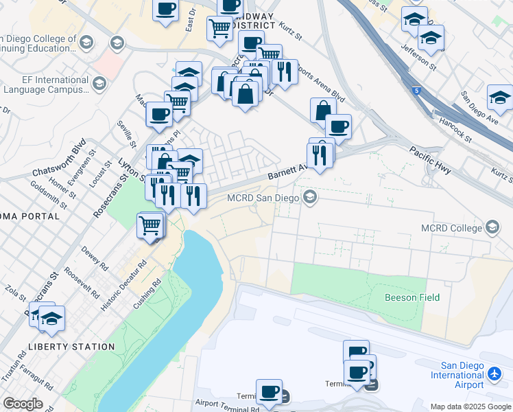 map of restaurants, bars, coffee shops, grocery stores, and more near Pendleton Avenue in San Diego