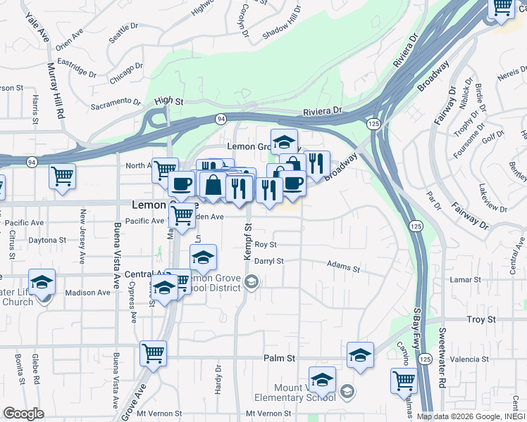 map of restaurants, bars, coffee shops, grocery stores, and more near 8064 Golden Avenue in Lemon Grove