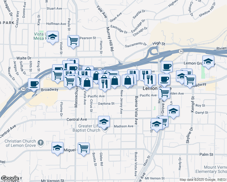 map of restaurants, bars, coffee shops, grocery stores, and more near 7456 Pacific Avenue in Lemon Grove