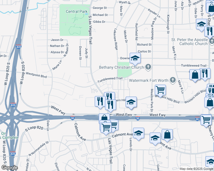 map of restaurants, bars, coffee shops, grocery stores, and more near 8514 Westlake Drive in White Settlement