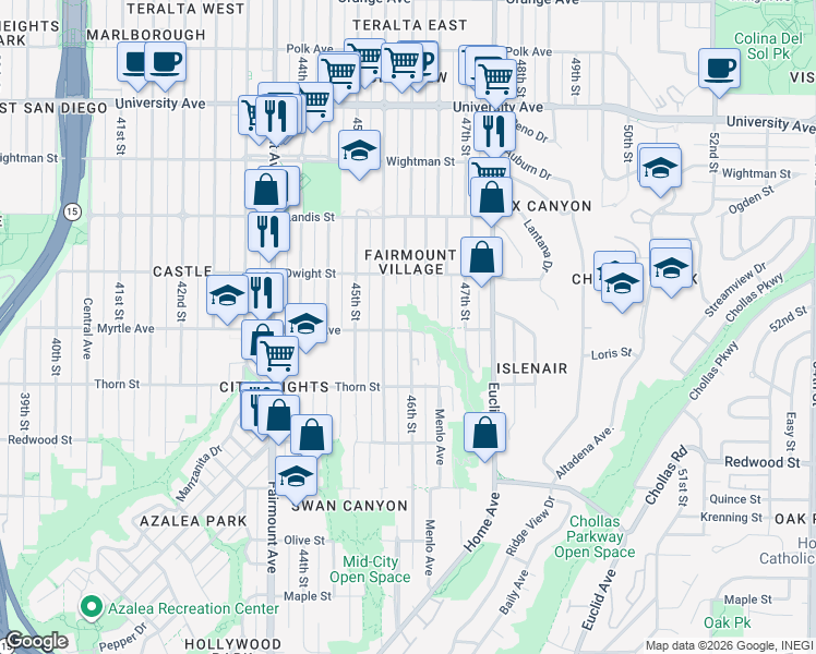 map of restaurants, bars, coffee shops, grocery stores, and more near in San Diego