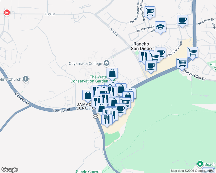 map of restaurants, bars, coffee shops, grocery stores, and more near 12122 Cuyamaca College Drive West in El Cajon