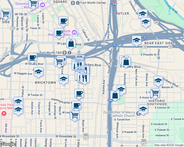 map of restaurants, bars, coffee shops, grocery stores, and more near 321 East Broadway Avenue in Fort Worth