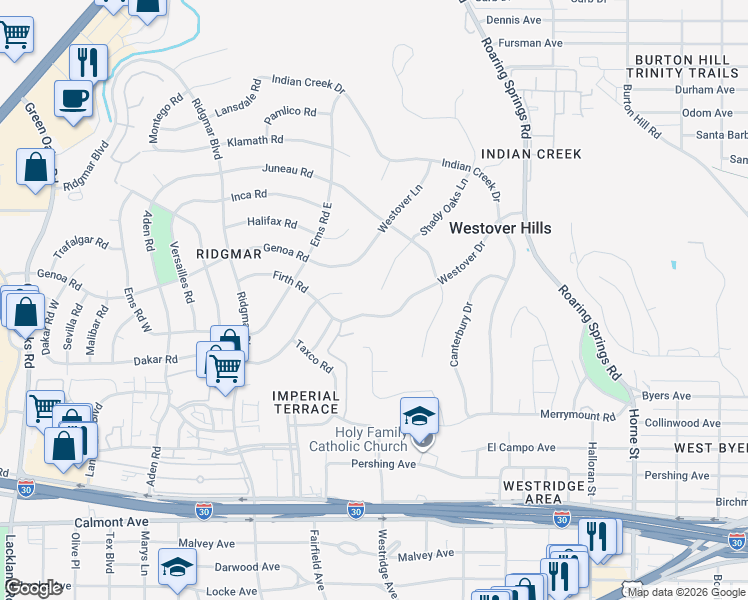 map of restaurants, bars, coffee shops, grocery stores, and more near 1520 Shady Oaks Lane in Fort Worth