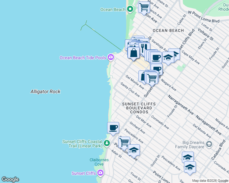map of restaurants, bars, coffee shops, grocery stores, and more near 4985 Coronado Avenue in San Diego